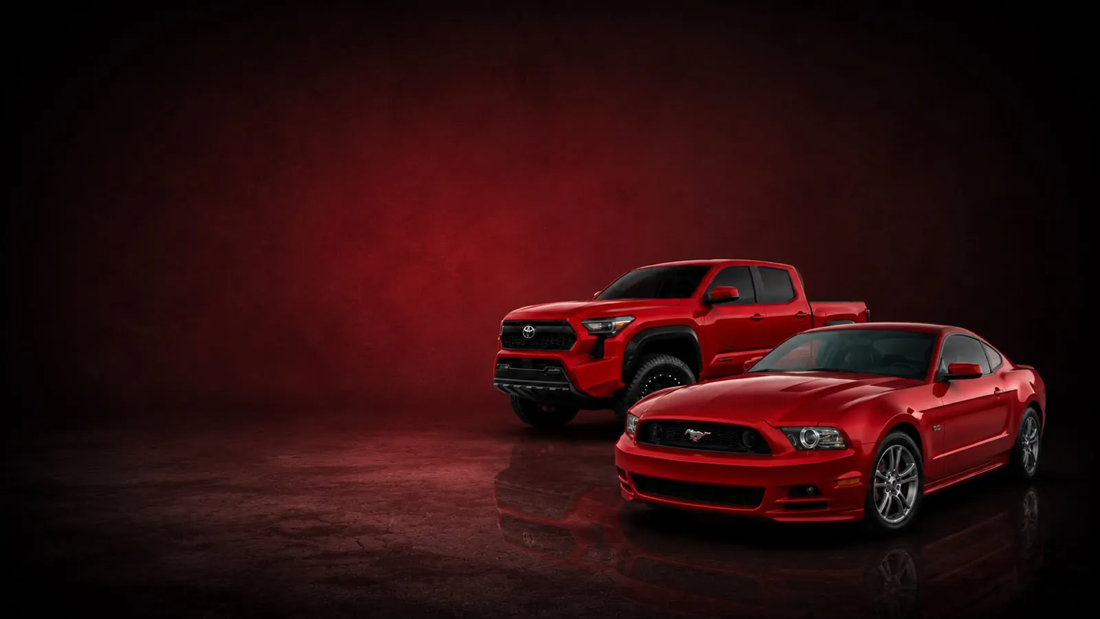 Pickup Tacoma y Mustang rojos sobre fondo oscuro